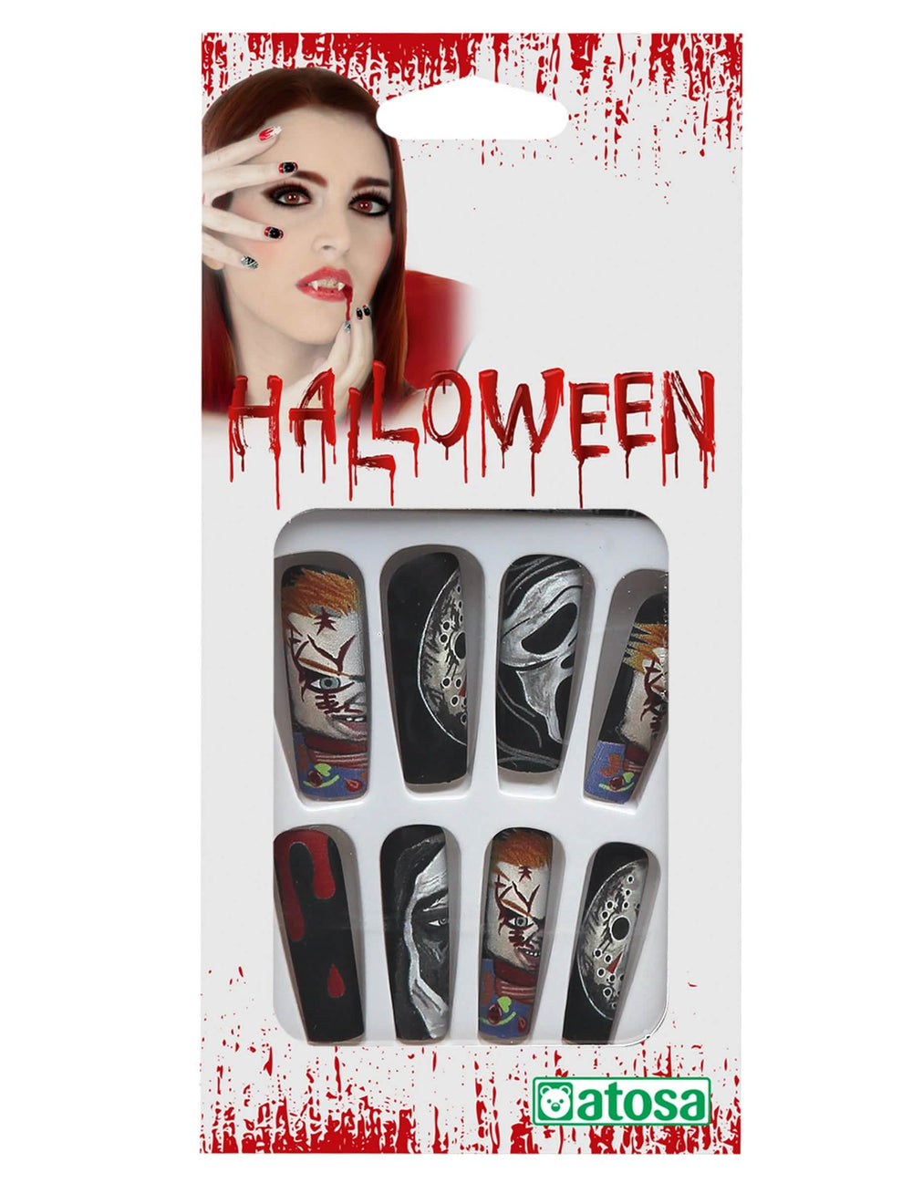 Faux ongles serial killer de films d'horreur pour femme multicolores illustrés