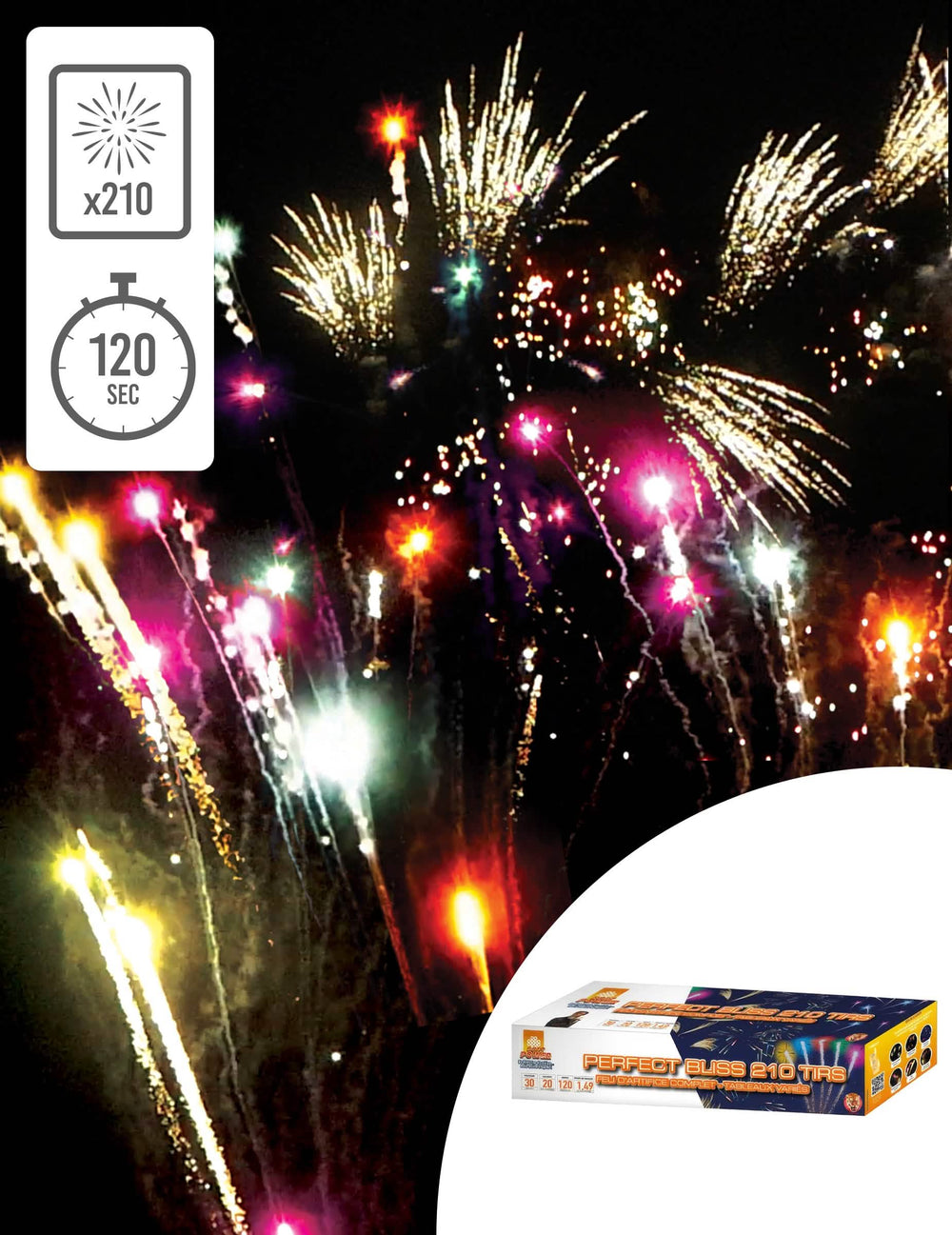 Feu d'artifice Perfect Bliss 210 tirs 120 secondes multicolore