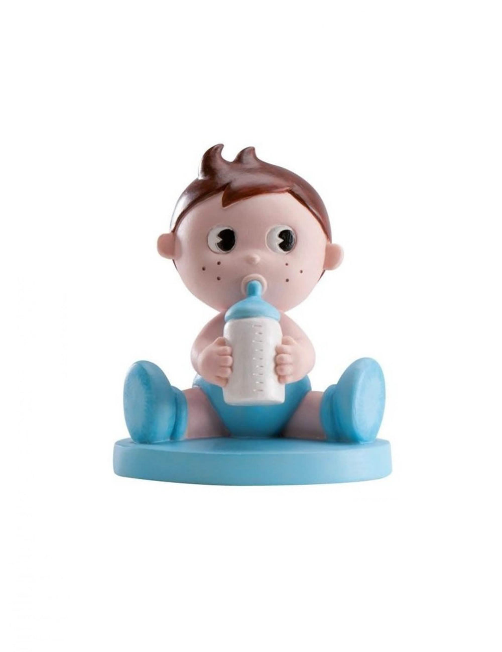 Figurine en résine garçon avec biberon pour baby shower bleu