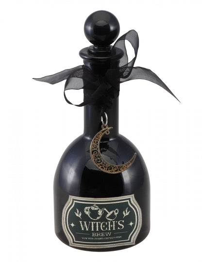 Fiole magie noire de sorcière pour Halloween noire avec pendentif croissant de lune et ruban