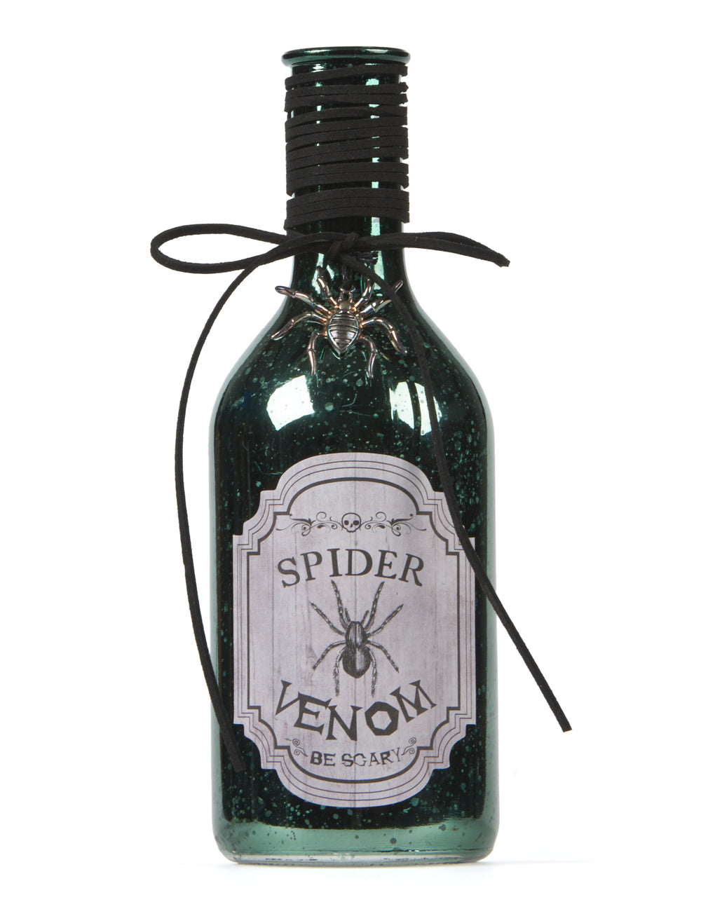 Fiole venin d'araignée pour décoration d'Halloween verte avec araignée en relief et cordon noir