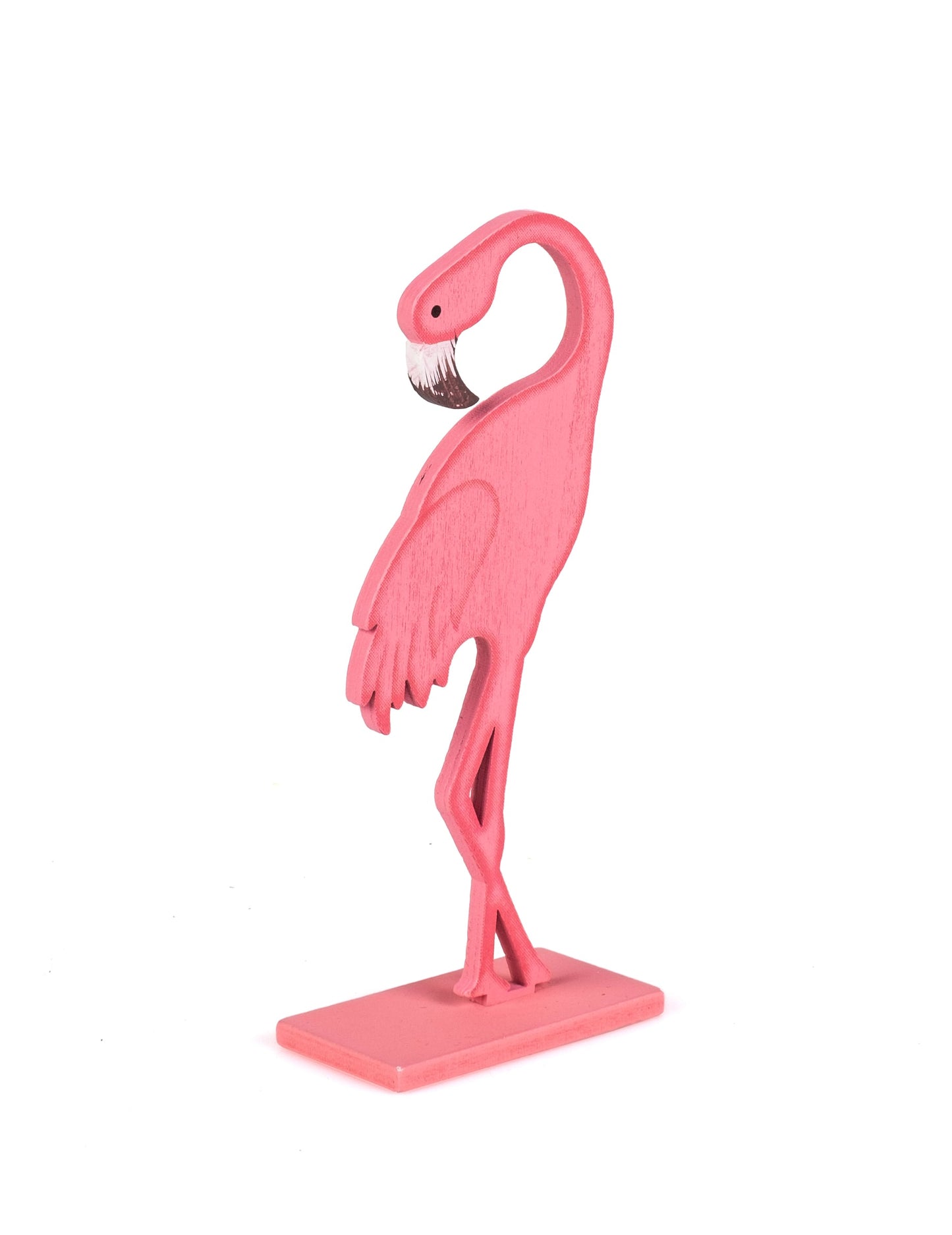 Vue de profil du flamant rose en bois sur socle pour décoration rose