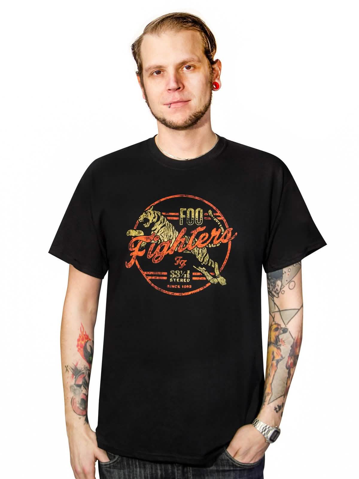 T-Shirts Foo Fighters Tiger für Herren Schwarz mit Rot- und Gelb-Logo