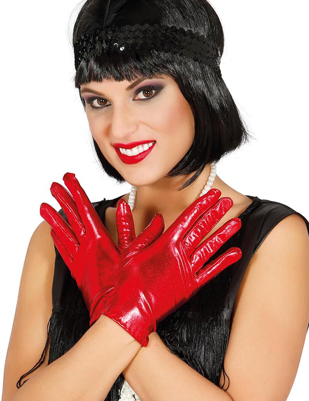 Gants courts pour femme rouge métallisé