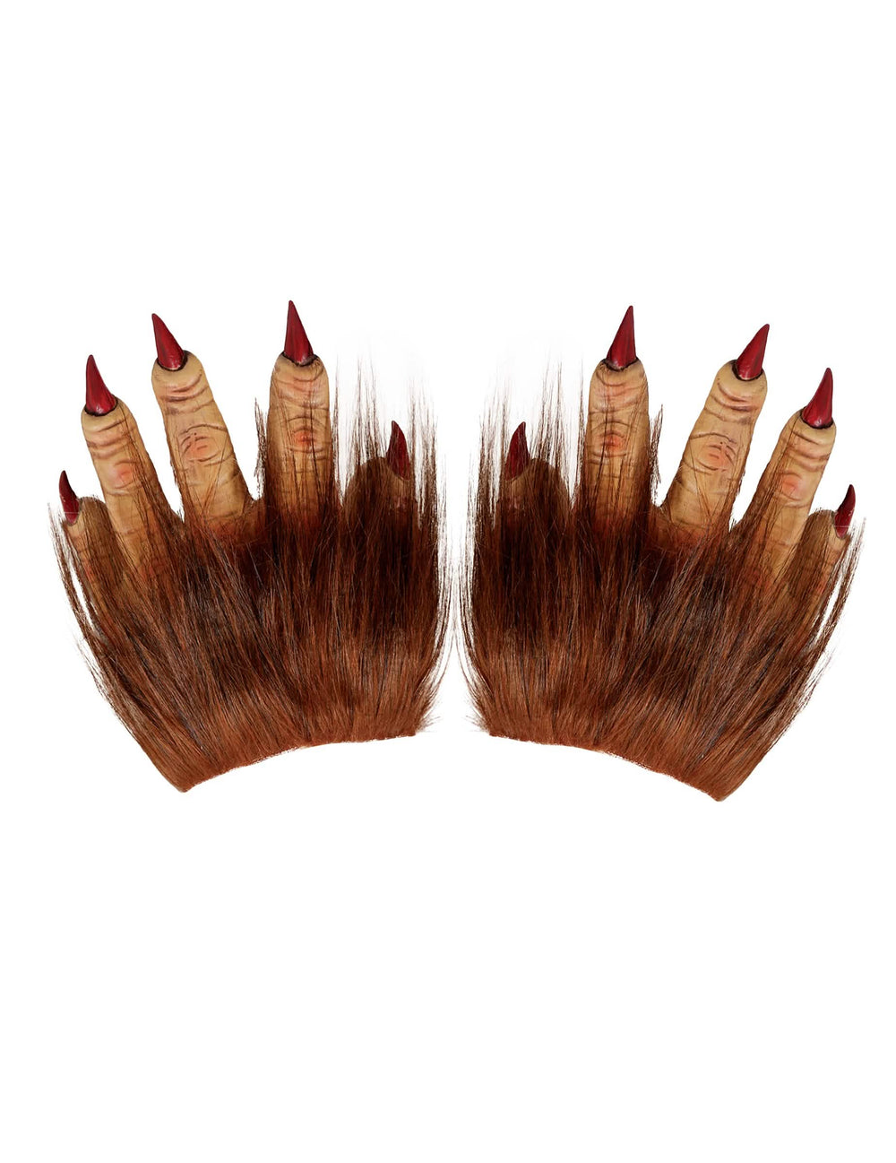 Détail des griffes rouges et des poils des gants de loup-garou pour adulte