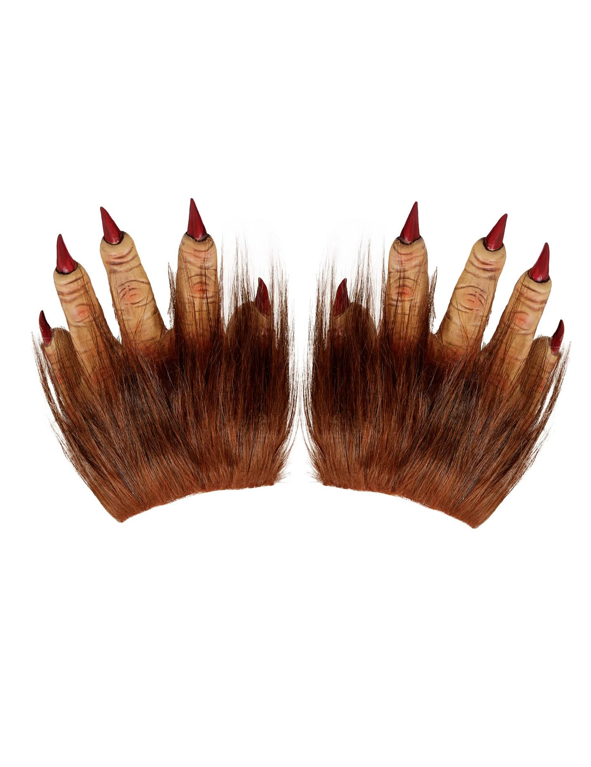 Détail des griffes rouges et des poils des gants de loup-garou pour adulte