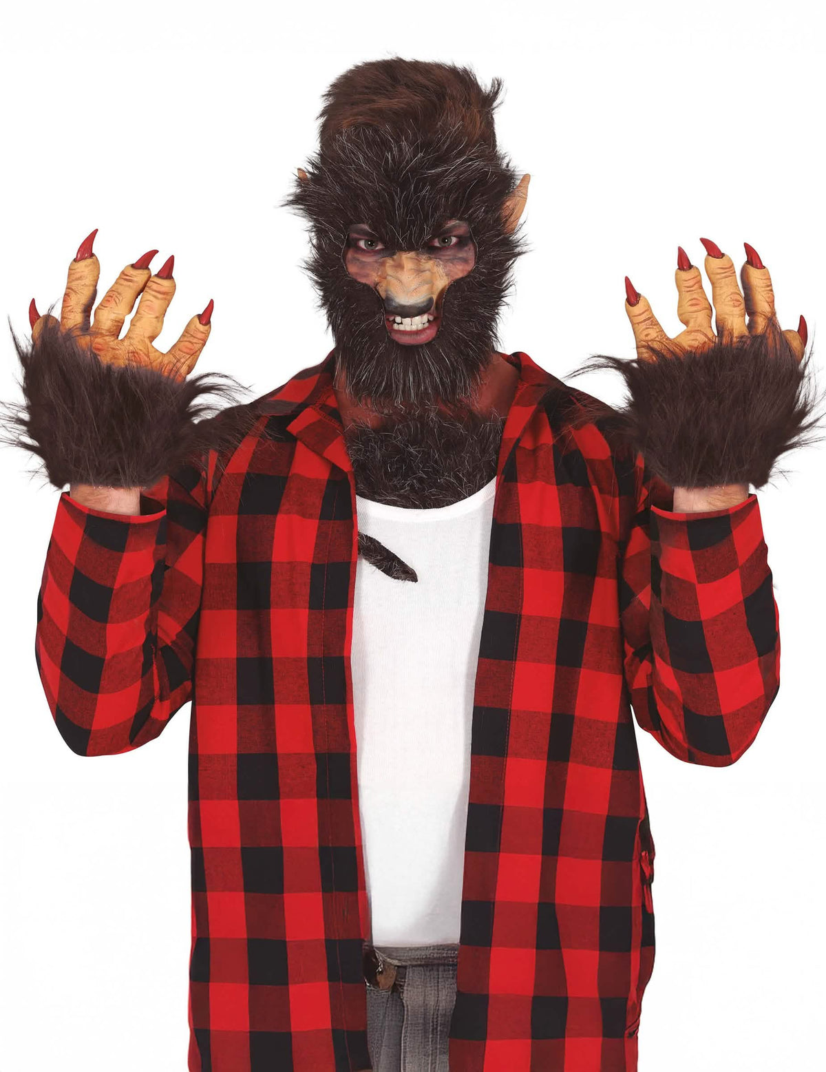Gants de loup-garou pour adulte à poils marron et griffes rouges