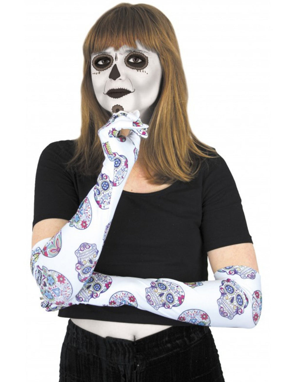 Gants longs Dia de los muertos pour femme blancs avec squelette coloré