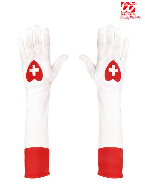 Detail der Herzmotive und der roten Aufschläge der langen Handschuhe der Erwachseneninfirmierin