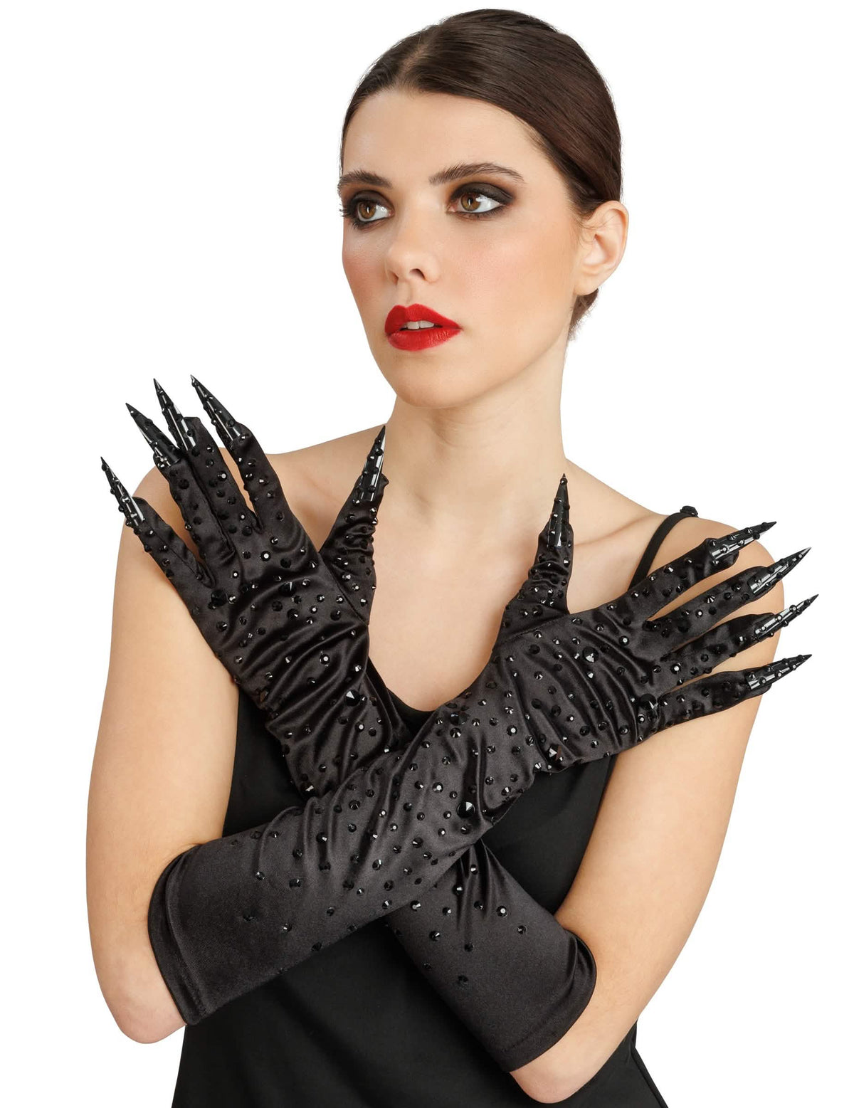 Lange Handschuhe schwarz mit Strass und FingernÃ¤geln