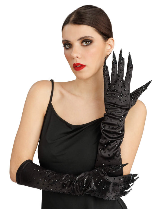 Lange Handschuhe schwarz mit Strass und FingernÃ¤geln