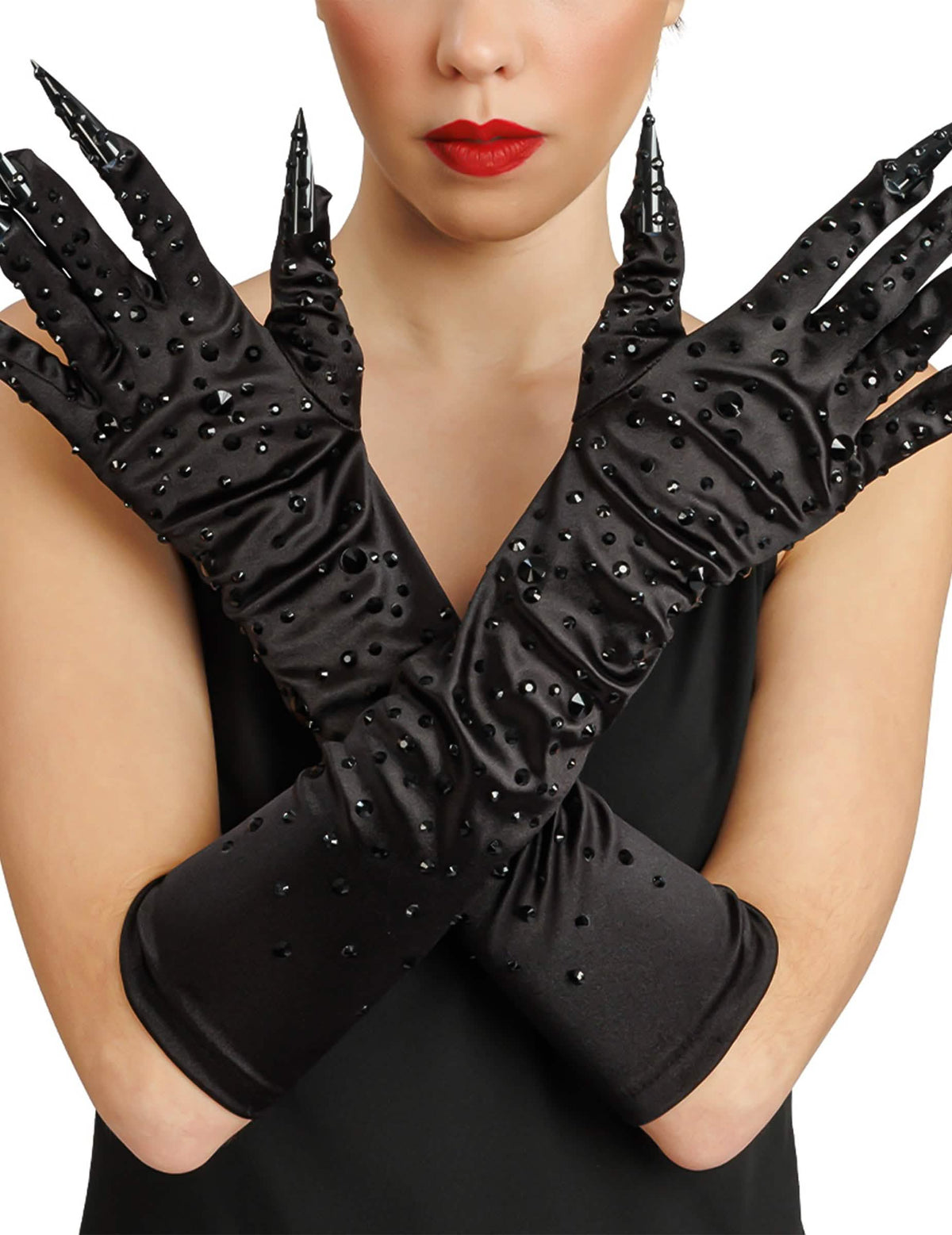 Lange Handschuhe schwarz mit Strass und FingernÃ¤geln