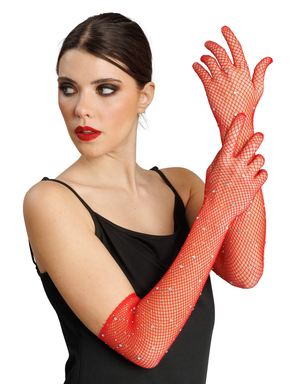 Lange Netz-Handschuhe rot mit Strassbesatz