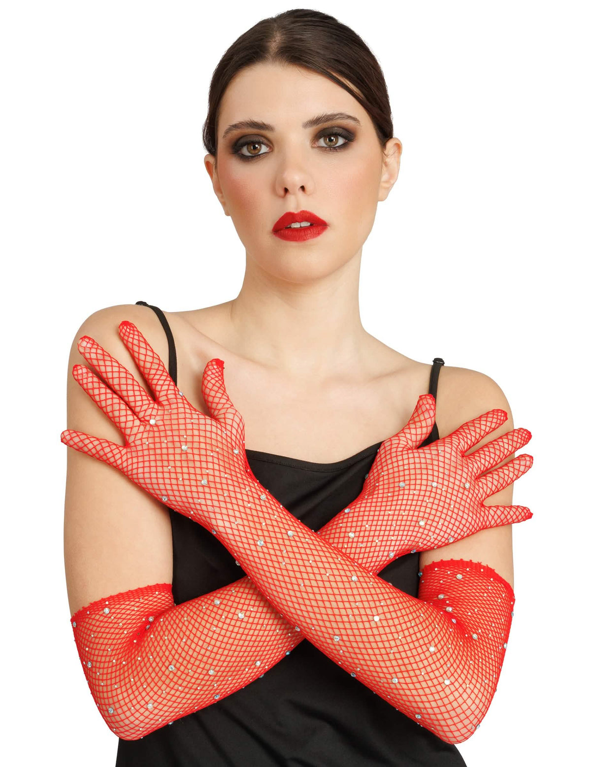 Lange Netz-Handschuhe rot mit Strassbesatz