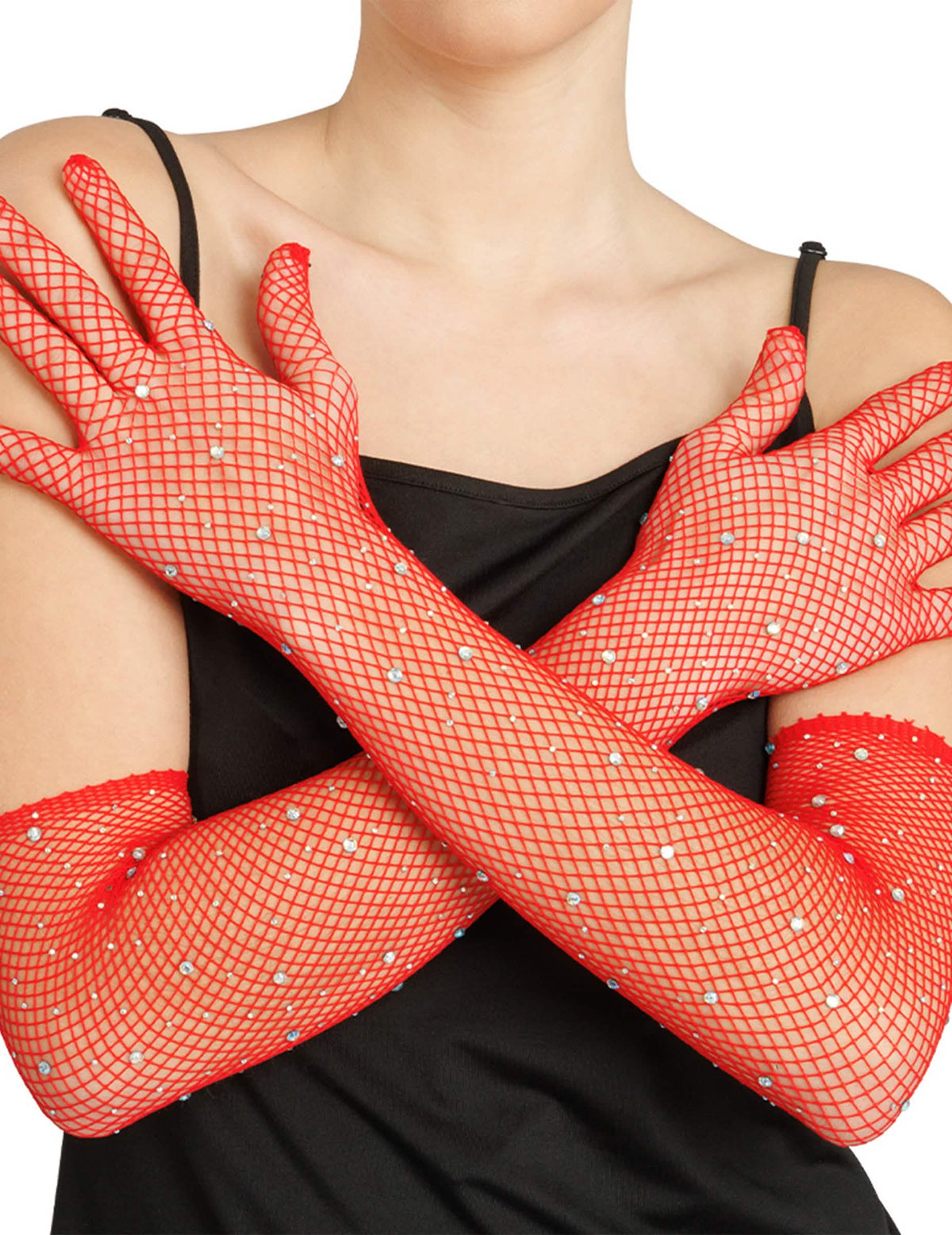 Lange Netz-Handschuhe rot mit Strassbesatz