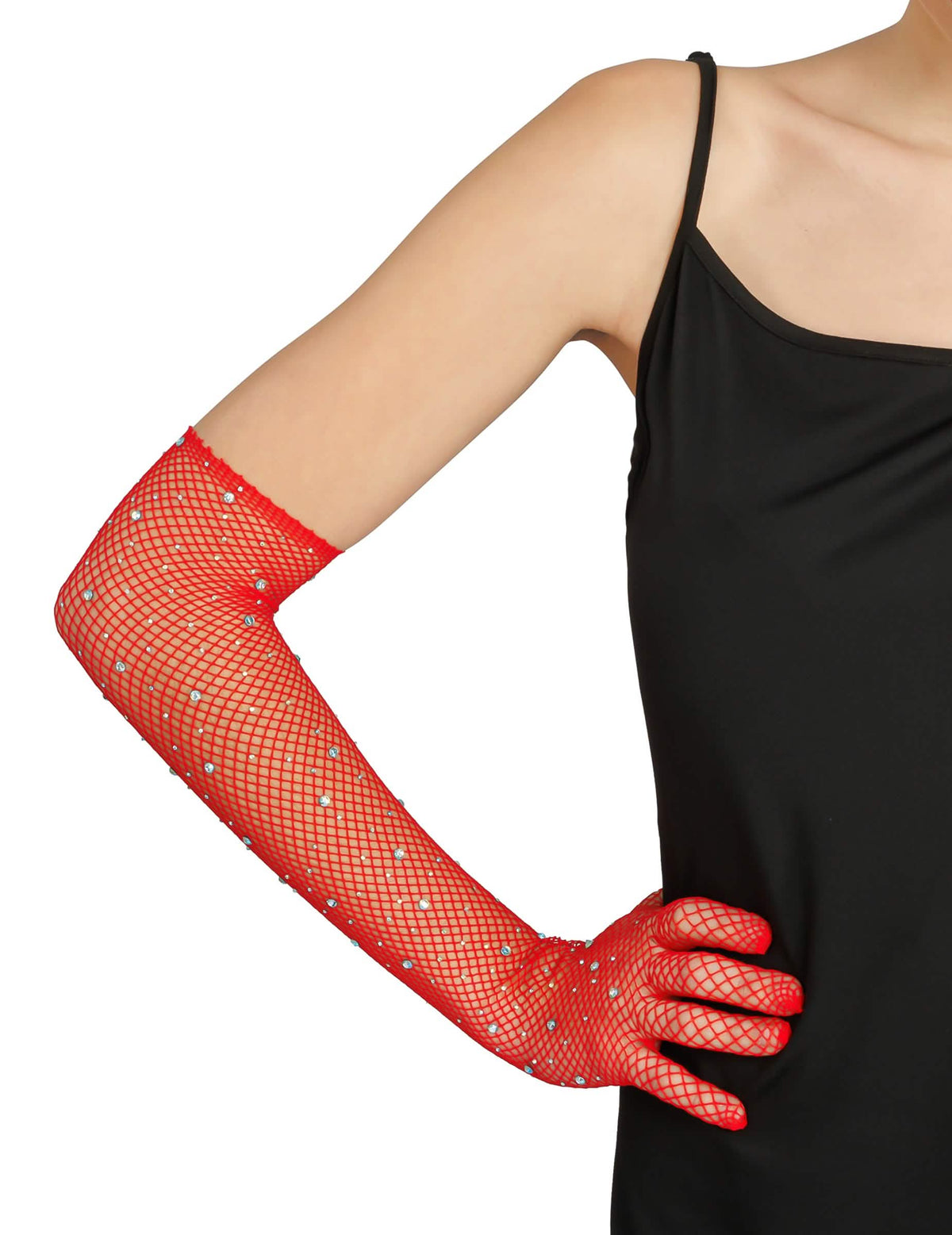Lange Netz-Handschuhe rot mit Strassbesatz