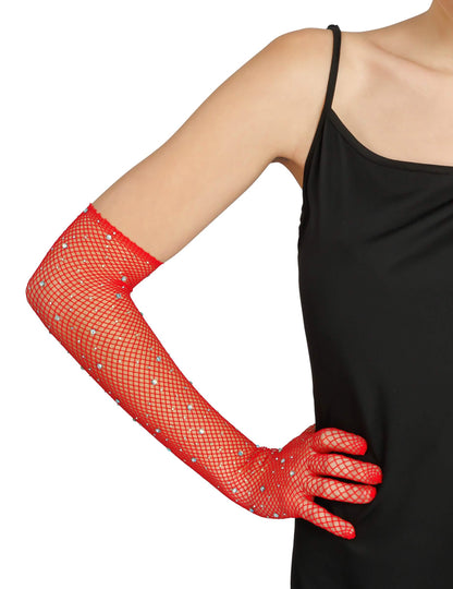 Lange Netz-Handschuhe rot mit Strassbesatz