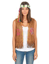 Gilet hippie pour femme marron à franges avec symboles peace and love