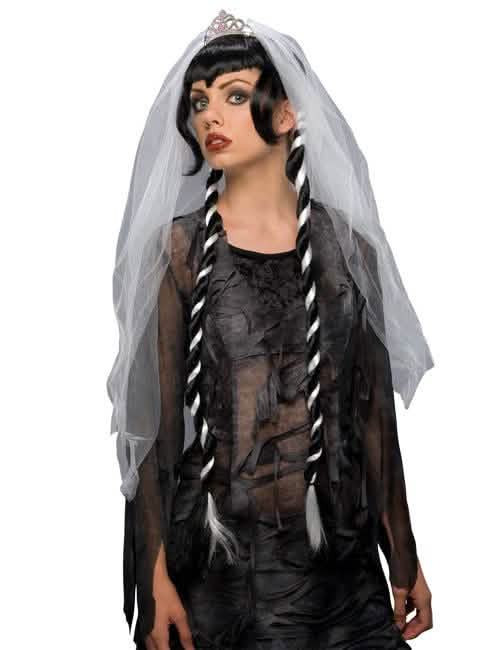 Perruque mariée gothique pour femme noire et blanche avec voile et diadème