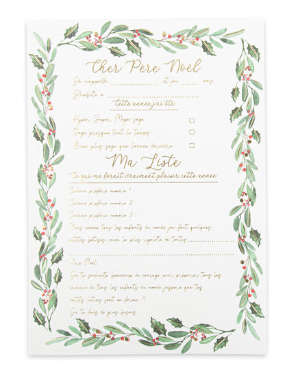 Lettre au Père Noël thème floral pour enfant blanc avec bordure de houx et écritures dorées