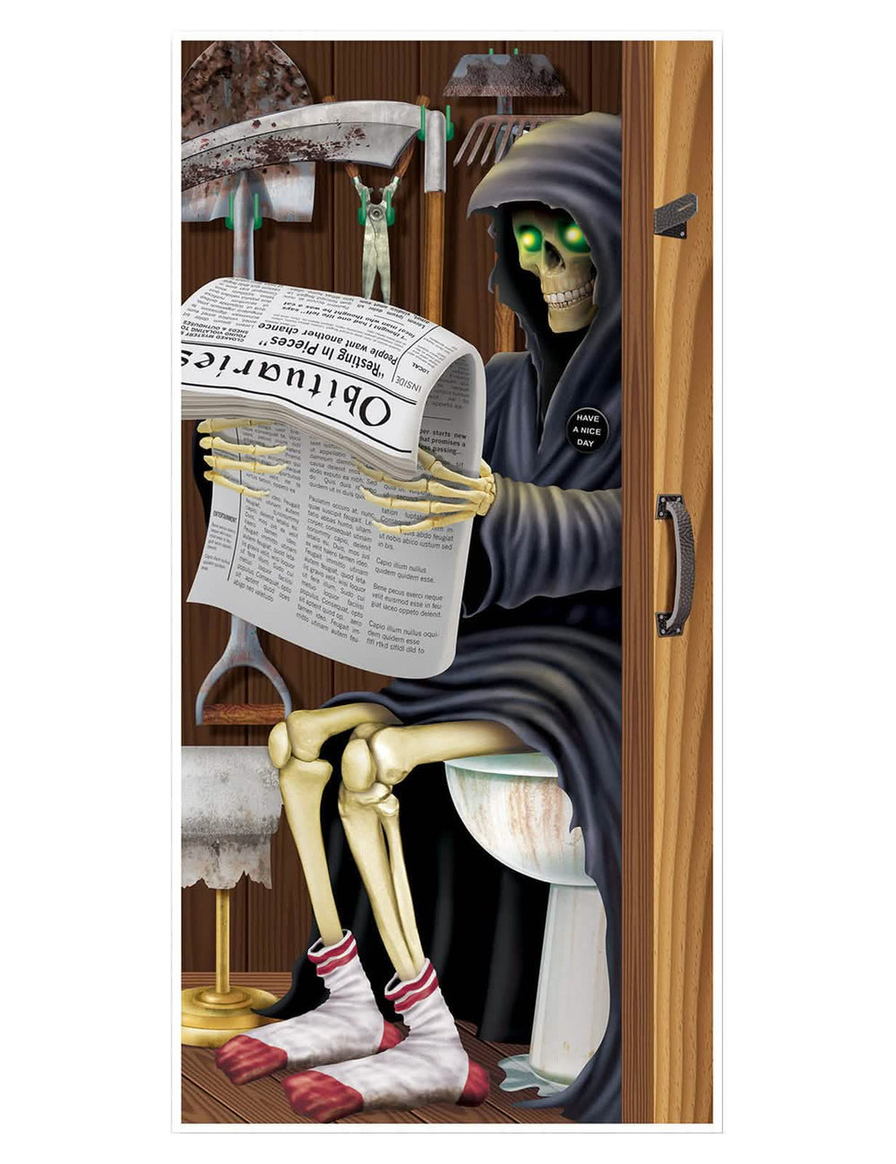 Türdekoration Sensenmänner für Halloween, auf der Toilette sitzend und eine Zeitung lesend