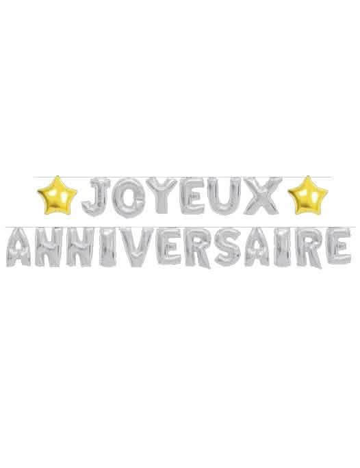 Guirlande ballons Joyeux Anniversaire argentée avec étoiles dorées