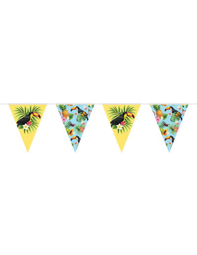 Guirlande fanions en plastique toucan tropicale jaune et bleu