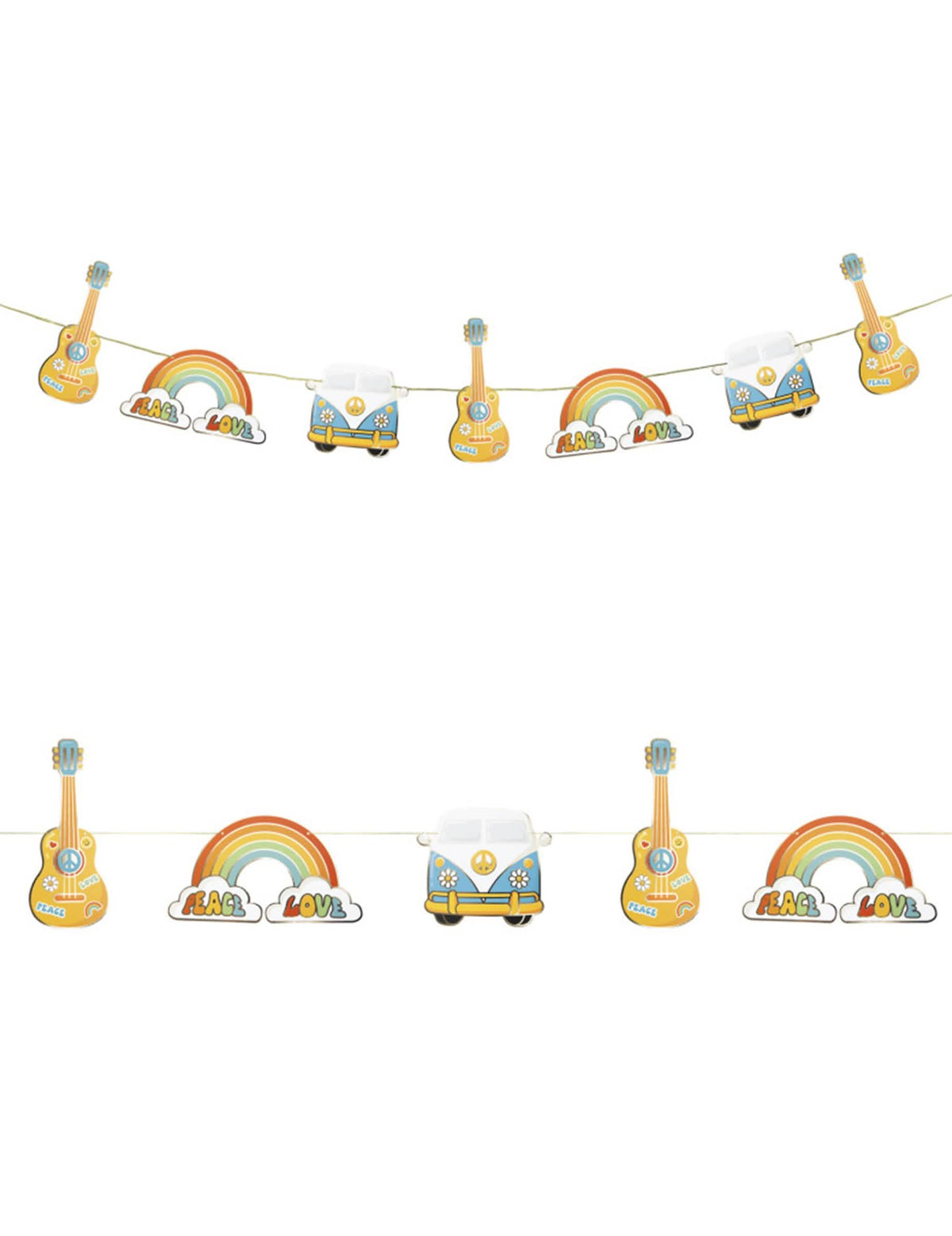 Guirlande en carton Hippie Party multicolore avec guitares arcs-en-ciel et vans