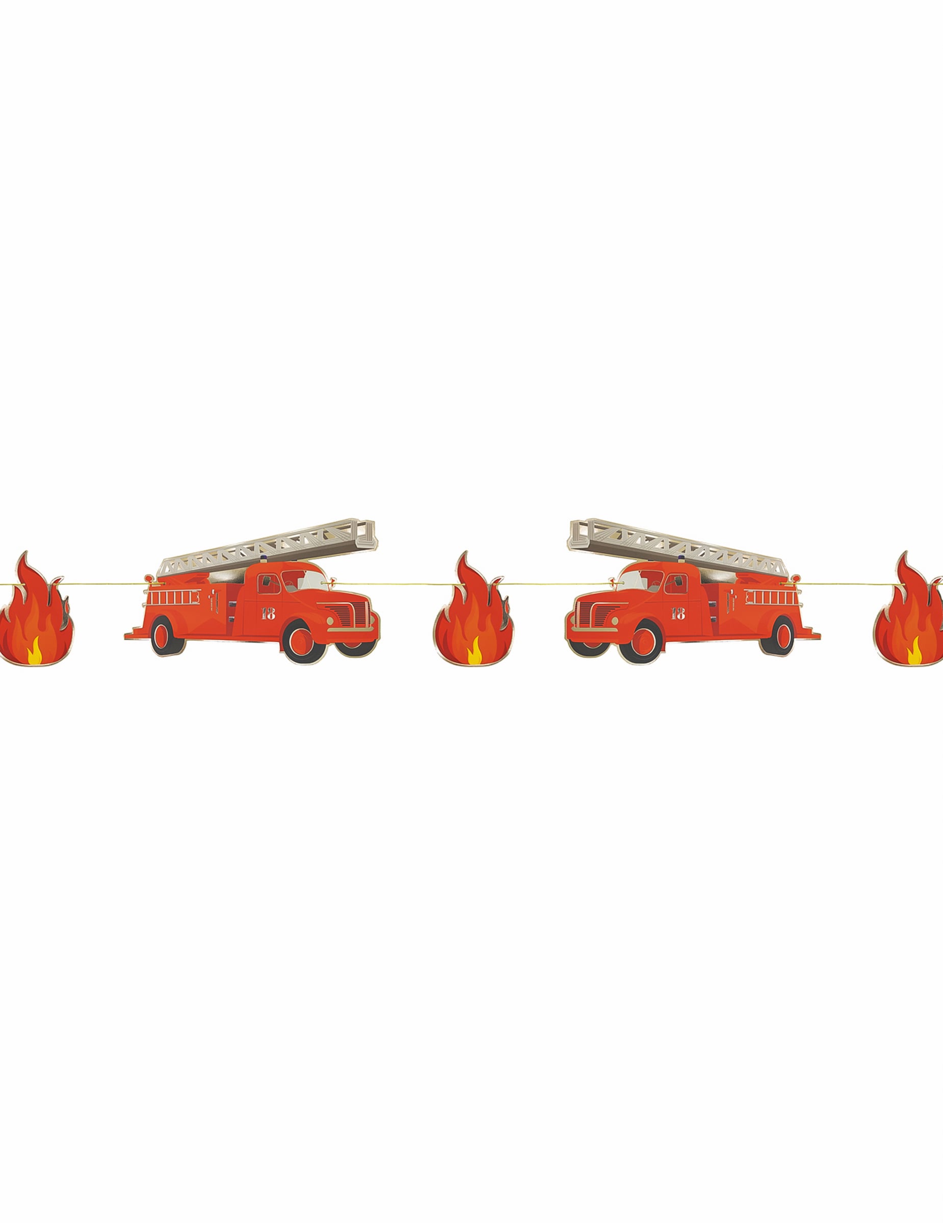 Guirlande en carton Pompier pour enfant rouge avec camions et flammes