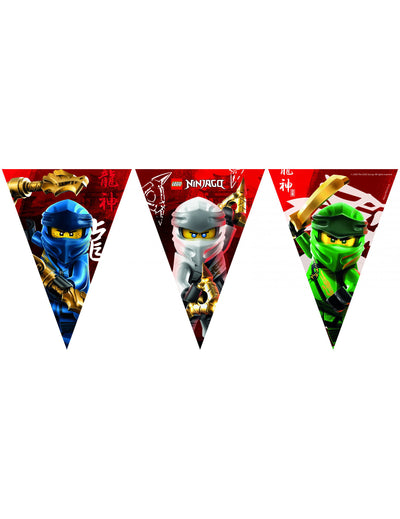 Papier-Pennantengirlande Lego Ninjago für Kinder, rot, mit blauen, weißen und grünen Ninjas