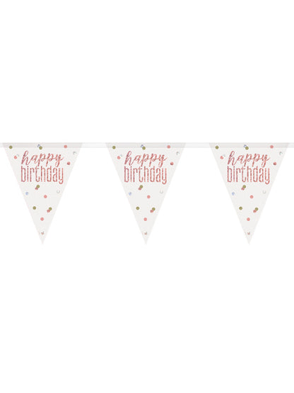 Guirlande fanions en plastique Happy Birthday blanche et rose à pois