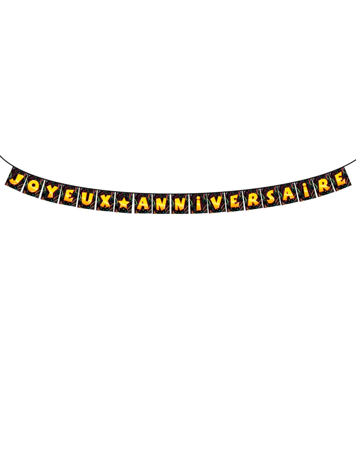 Guirlande fanions Joyeux anniversaire noire avec lettrage jaune et orange