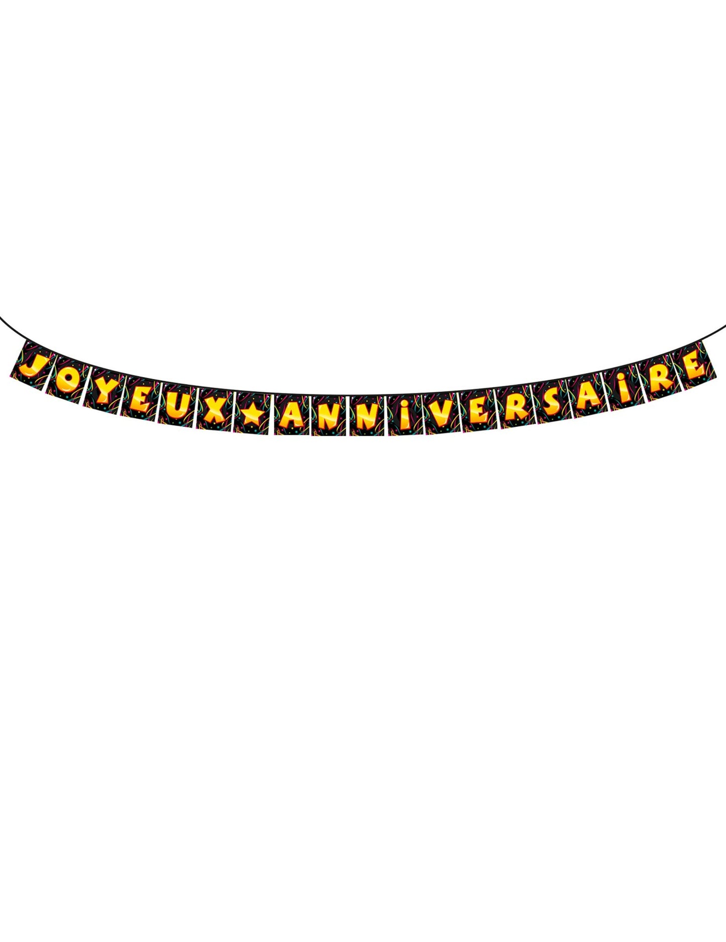 Guirlande fanions Joyeux anniversaire noire avec lettrage jaune et orange
