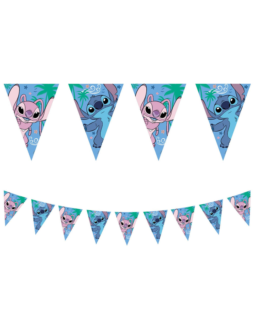 Guirlande fanions papier Stitch pour fête bleue et rose avec Angel et palmiers