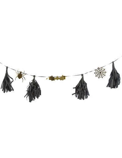 Guirlande Halloween noire et or avec tassels et motifs dorés araignée chauve-souris et toile