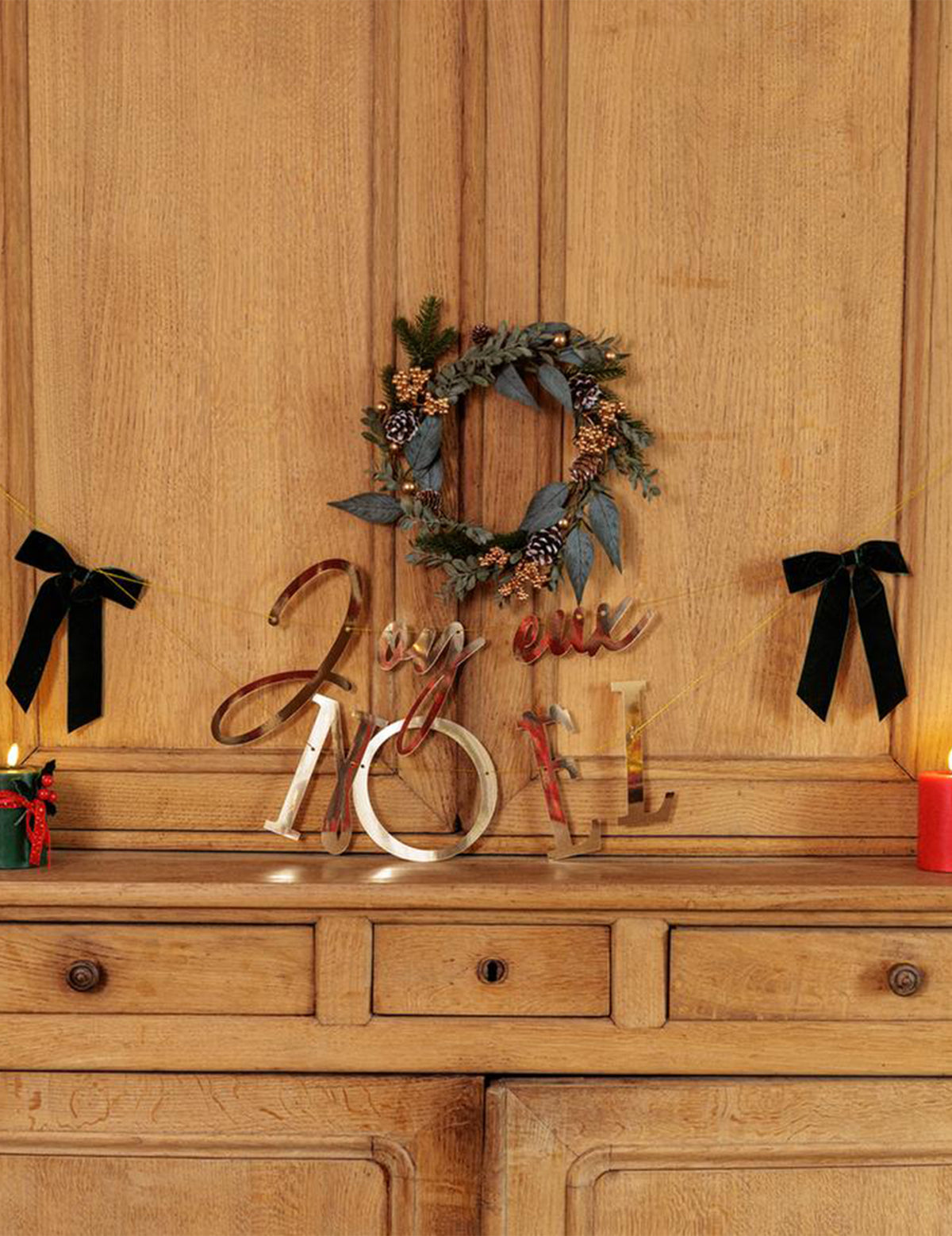 Goldene Weihnachtsgirlande Frohe Weihnachten mit grünen Schleifen 1,80 m