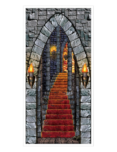Décoration de porte château pour fête avec pierres et escalier tapis rouge