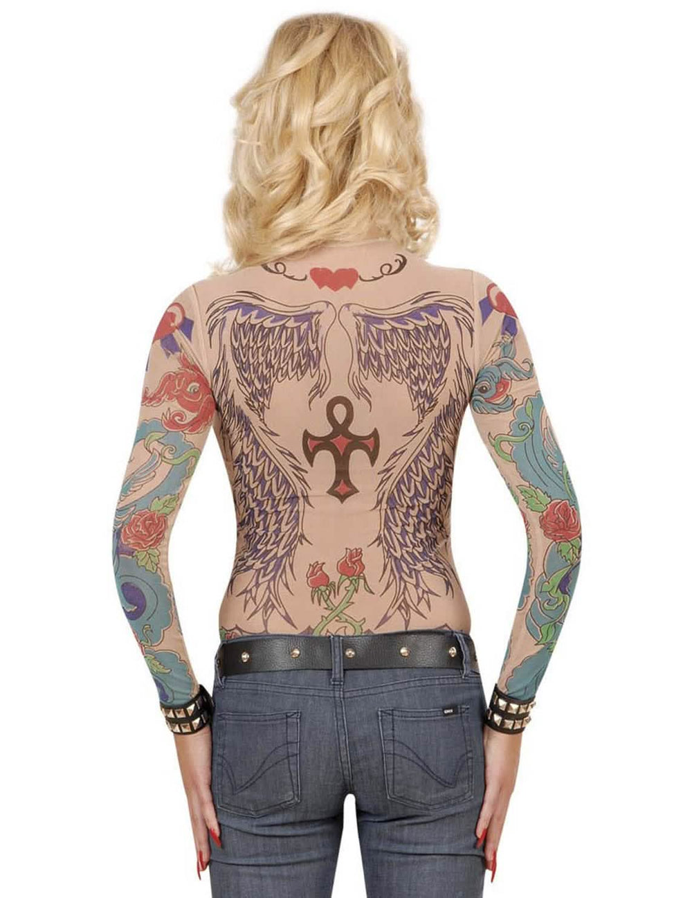 Rückansicht des langärmeligen Oberteils mit Tattoos-Effekt für Damen