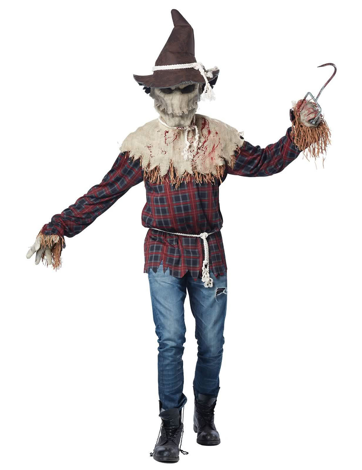 Déguisement épouvantail avec masque luxe pour homme marron et rouge avec chemise à carreaux