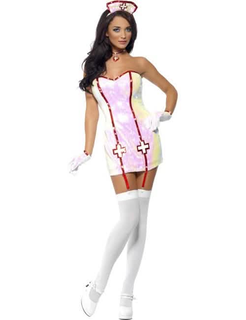 Sexy Damen-Kostüm für Damen weiß mit Pailletten und roten Kreuzen