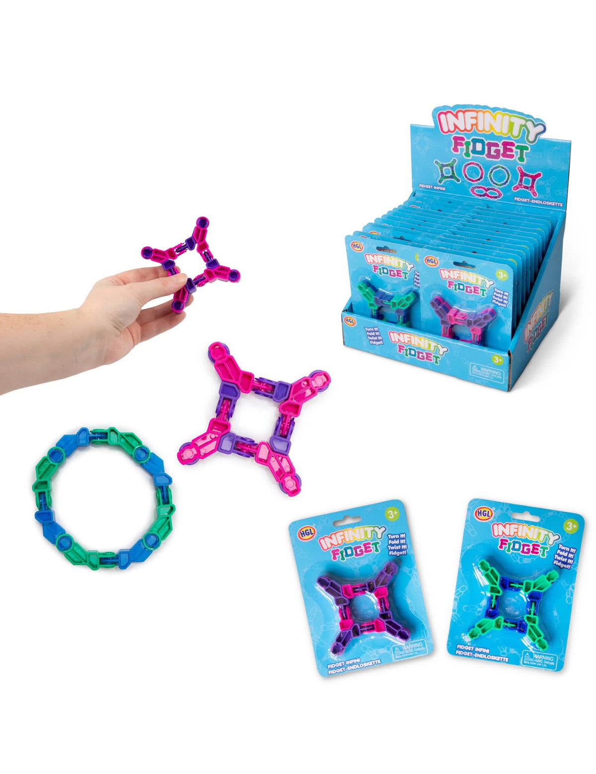 Jouet articulé Infinity Fidget pour enfant multicolore rose bleu et vert avec présentoir