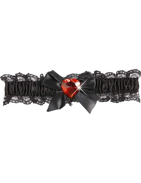 Sexy schwarze Spitzenstrumpfband mit rotem Herz für Damen schwarz mit rotem Herz