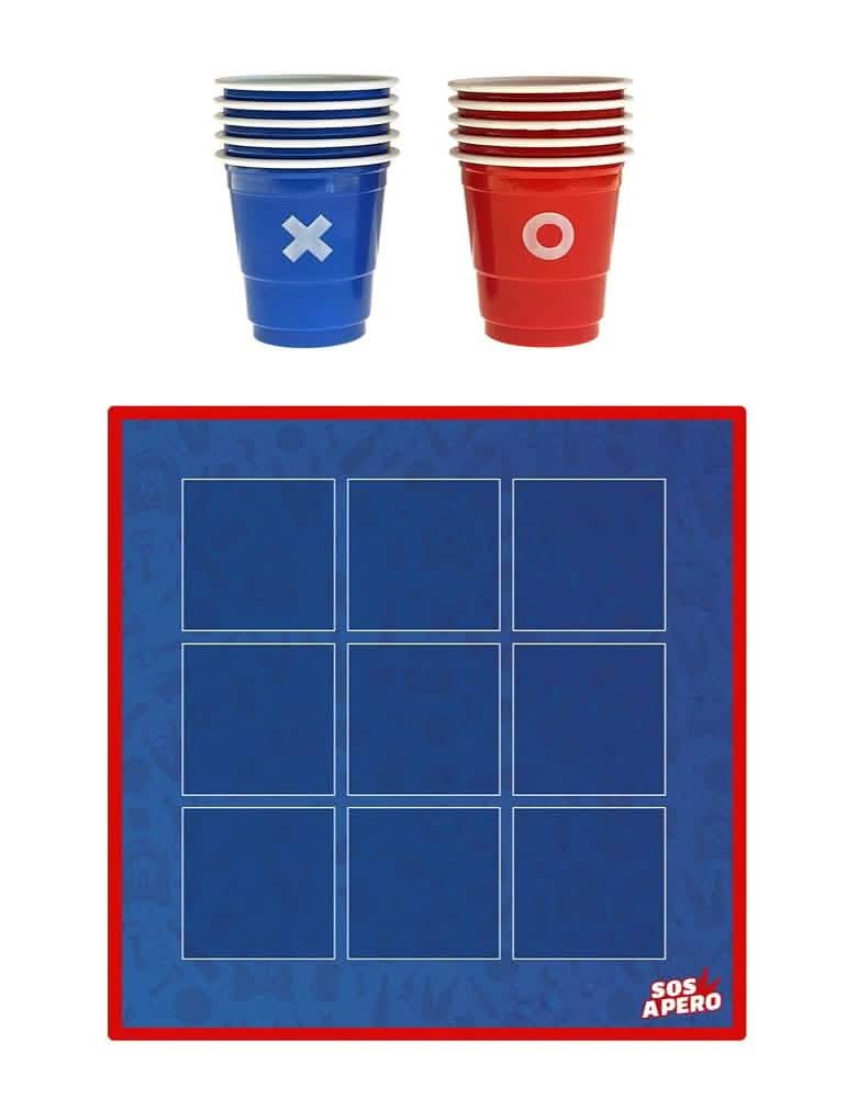Jeu apéro morpion pour adultes bleu et rouge avec gobelets et tapis de jeu