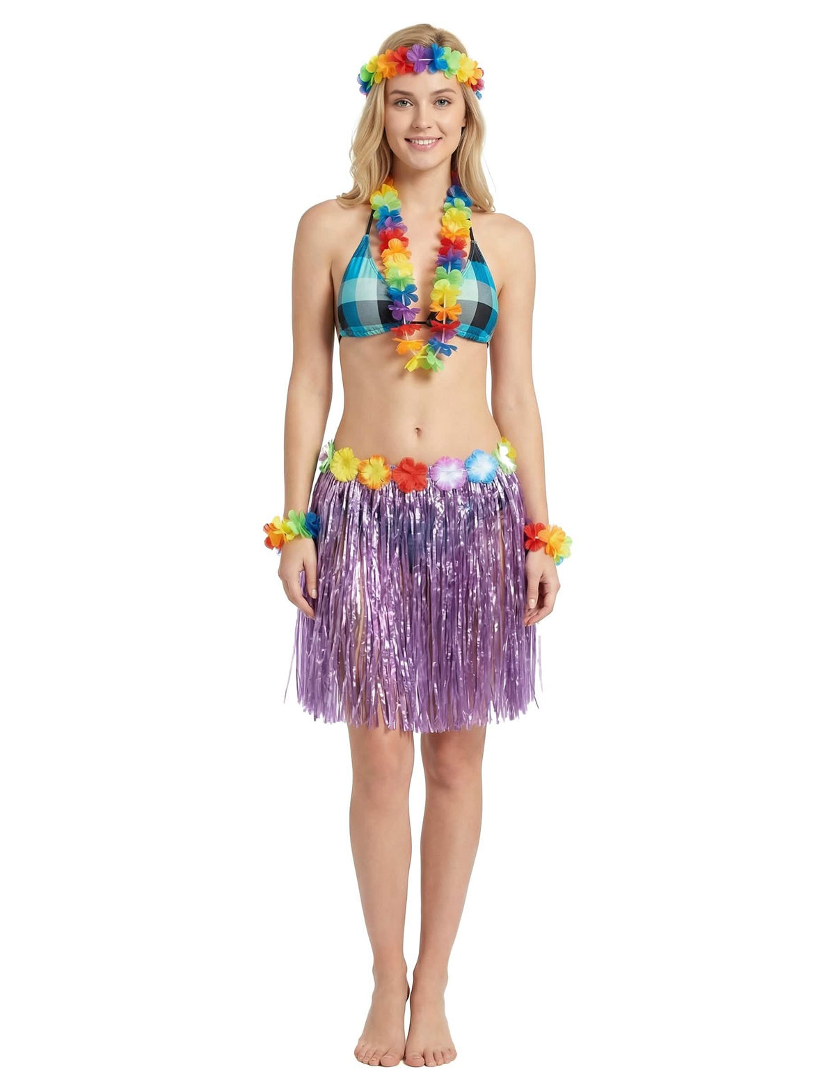Übersicht mit accessoires des kurzen violetten hawaiianischen Rocks für Erwachsene
