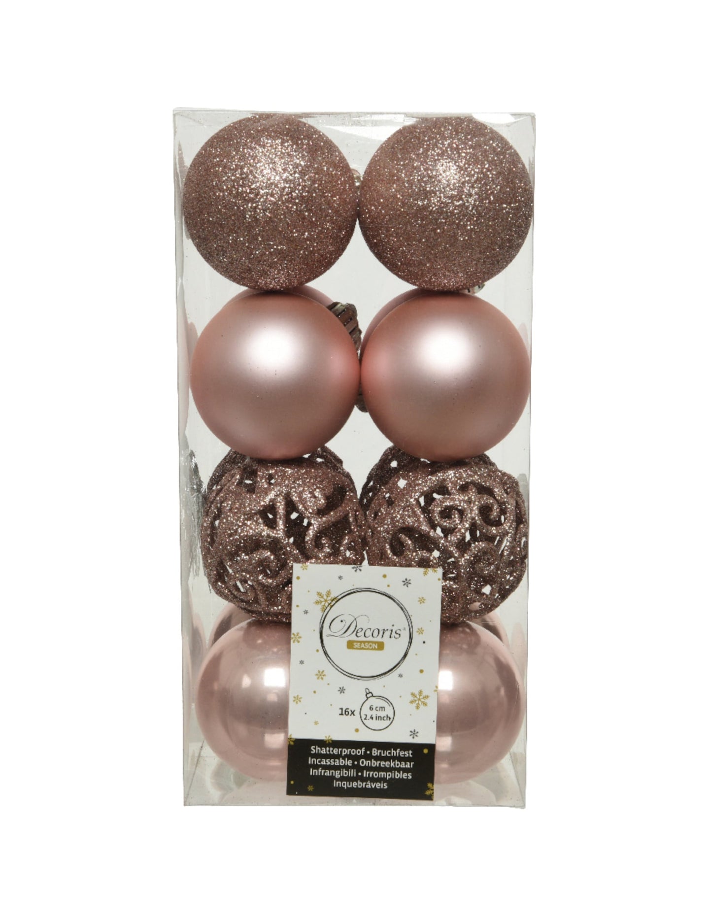 Vue de face de la boîte de boules de Noël pour décoration rose gold brillantes et mates
