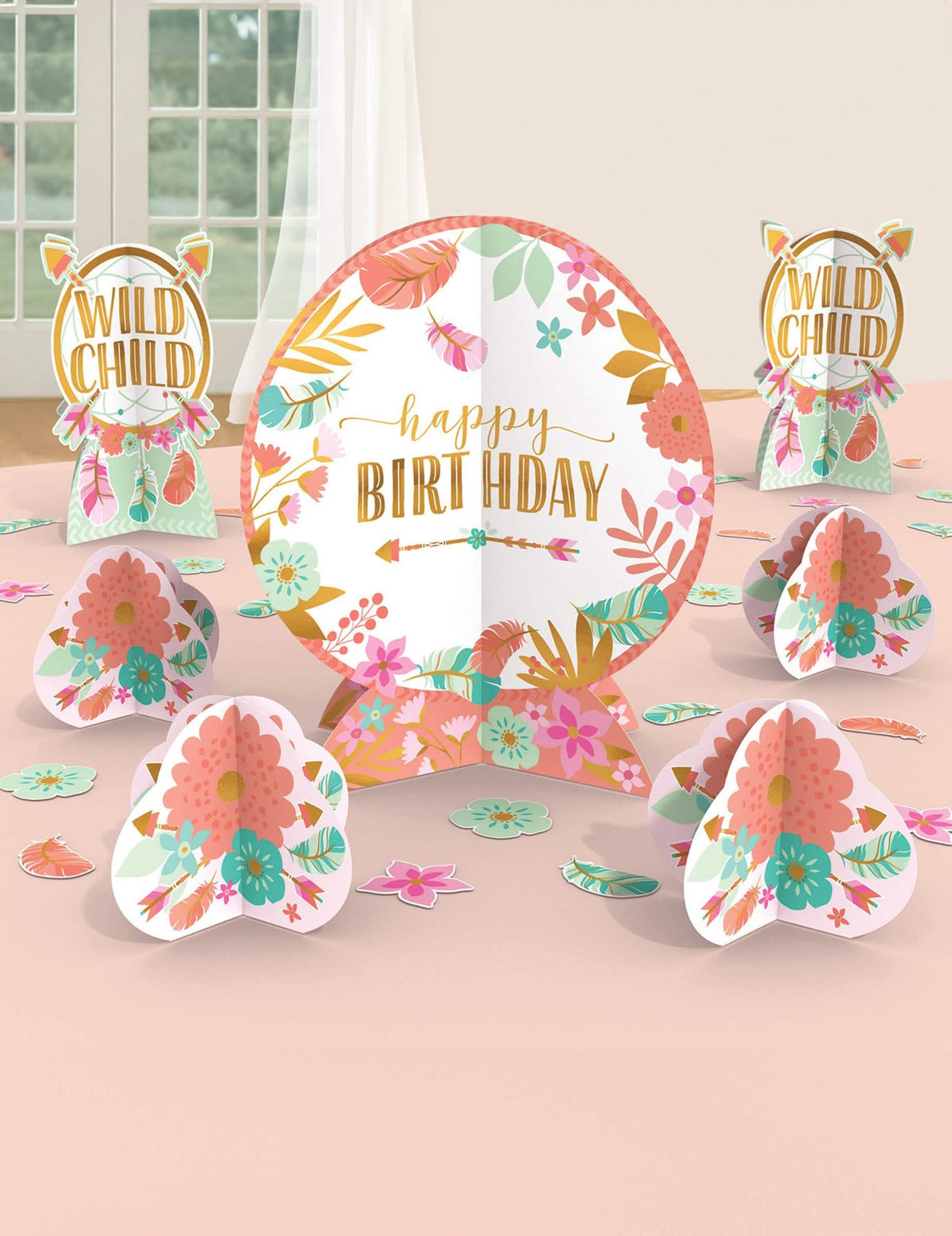 27er Set Geburtstagstischdekorationen boho aus Karton in Rosa, Pink und Mint mit Blumen und Federn