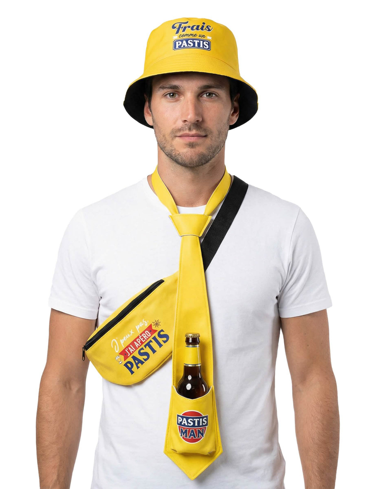 Kit accessoire apéro Pastis pour adulte jaune avec bob et cravate porte-bouteille