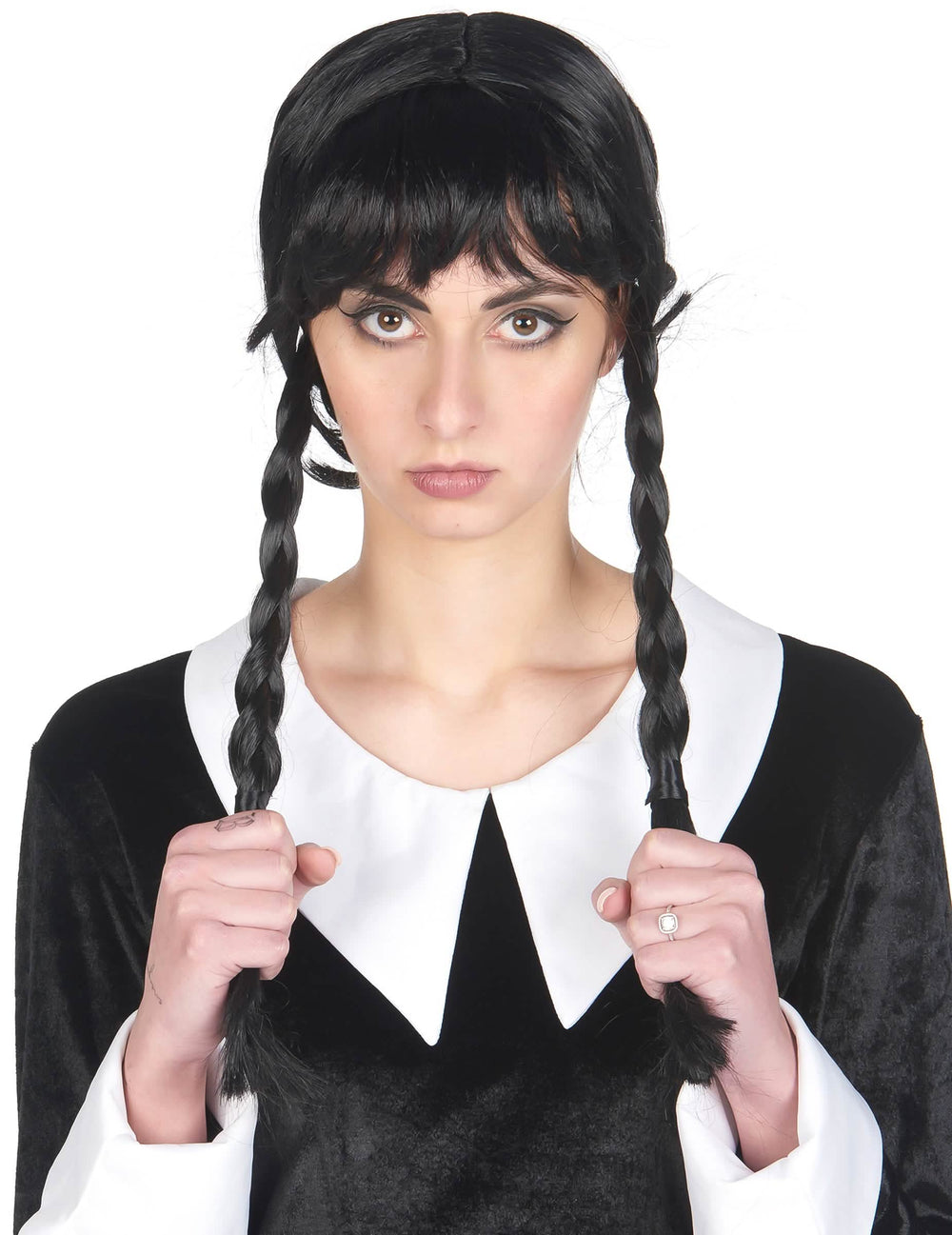 Kit accessoires Schülerin im Gothic-Stil für Damen Schwarz mit Zopf-Perücke und Weißem Kragen