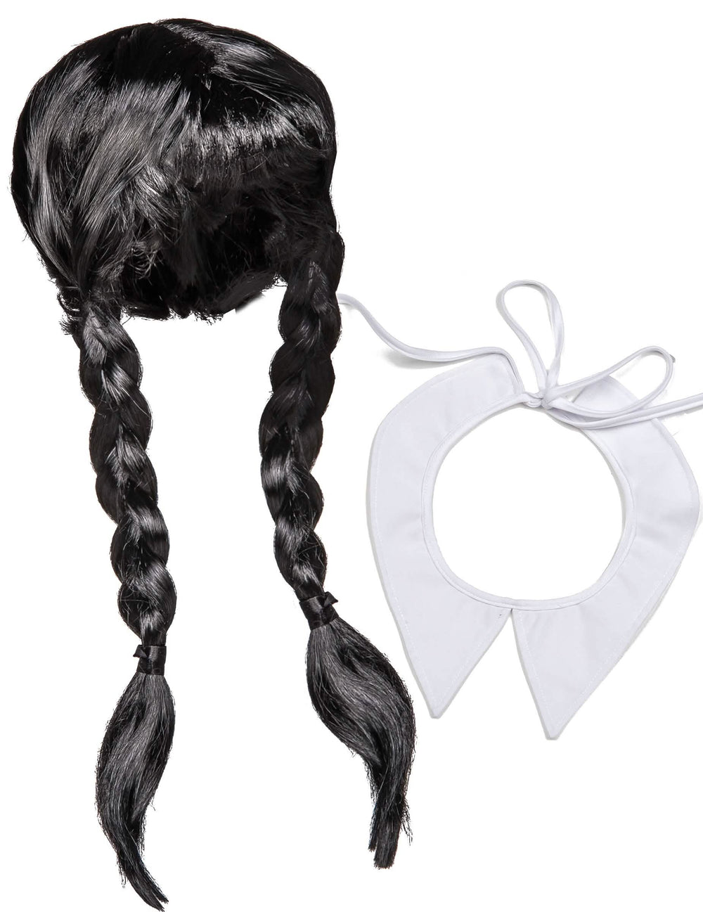 Kit accessoires Gothische Schülerin für Damen mit schwarzer Perücke mit Zöpfen und Weißem Kragen