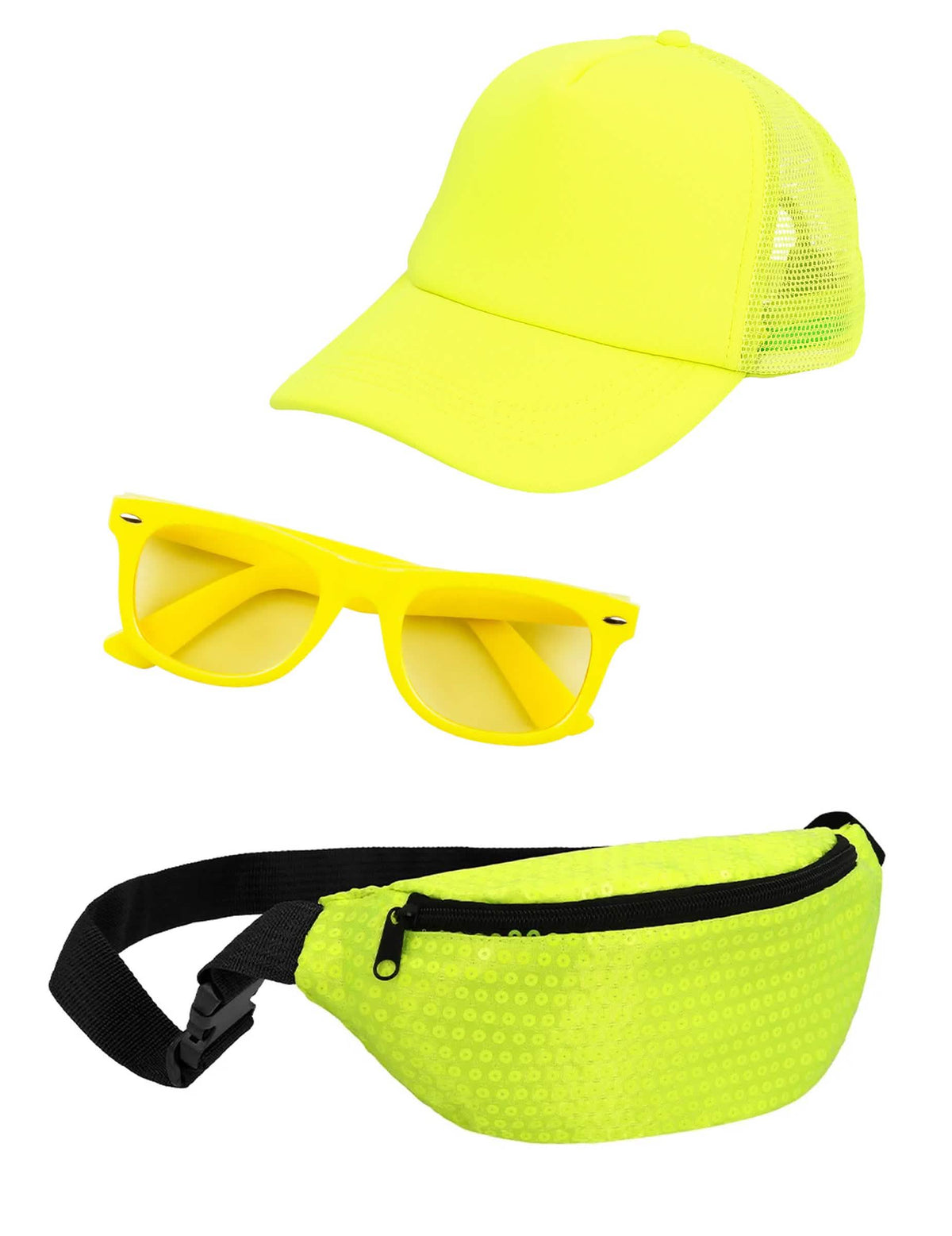 Kit d'accessoires jaune fluo pour adulte avec casquette lunettes et sac banane à sequins